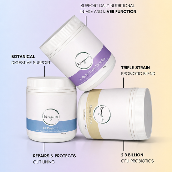 Three containers of Kirraganics supplements on a gradient background with text highlighting benefits.