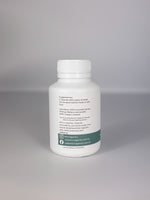 White supplement bottle with a label on a gray background