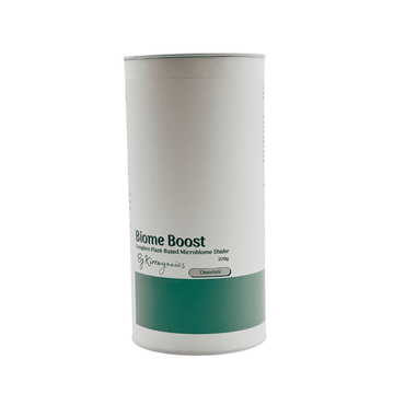 Biome Boost container with a white label on a white background - Chocolate