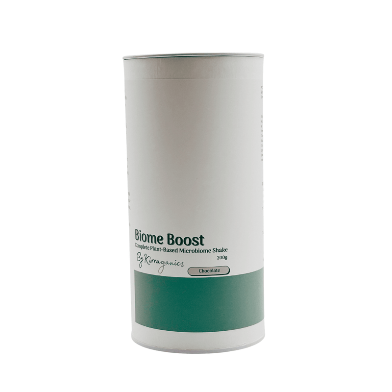 Biome Boost container with a white label on a white background - Chocolate